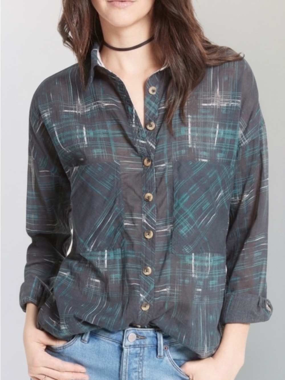 Free People | Shore Vibes Button Down Blouse Black Combo M